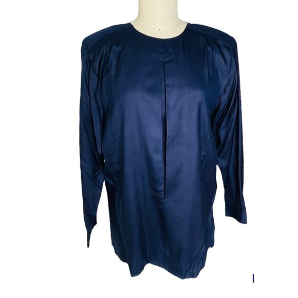 Vintage Joanie Char Navy Blue 100% Silk pleated blouse - Picture 1 of 11